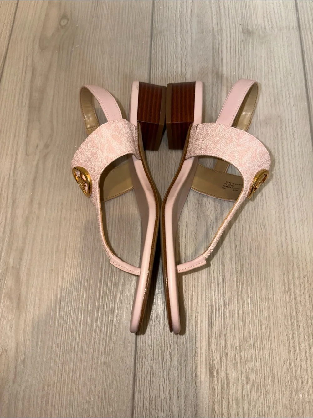 Michael Kors Blush Pink MK Logo T-Strap Sandals with Gold Hardware - Picture 3 of 4